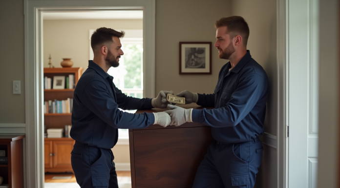 Deux déménageurs en uniformes transportent un piano droit dans un salon