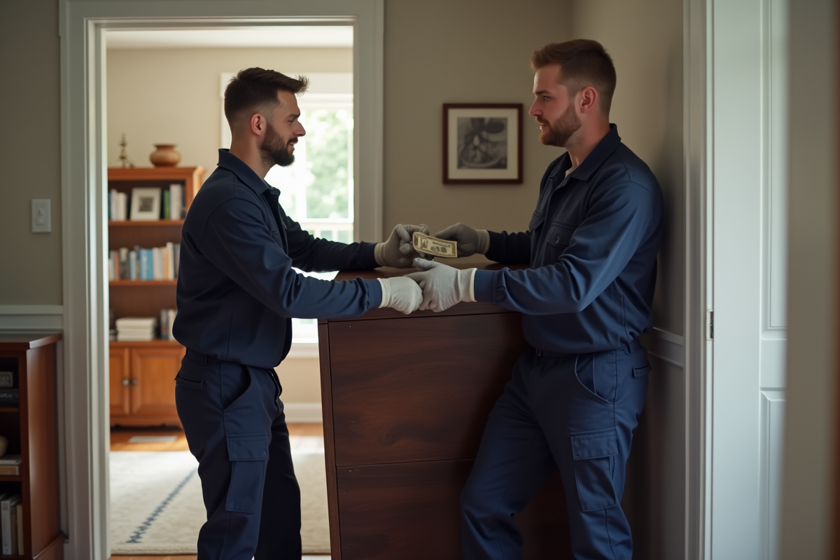 Deux déménageurs en uniformes transportent un piano droit dans un salon