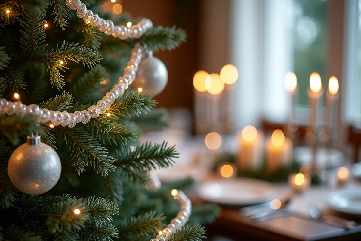 Gros plan sur des branches de sapin décorées de guirlandes LED argentées, perles nacrées et pommes de pin givrées