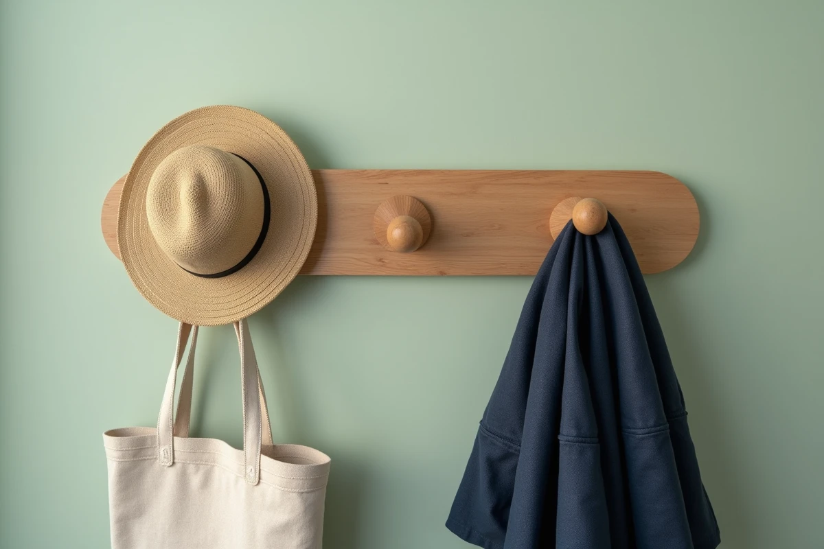 Détail d'un porte-manteaux mural scandinave en chêne avec patères arrondies sur mur vert sauge