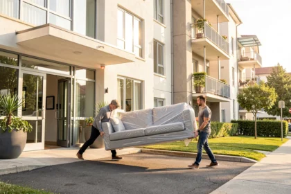 Deux déménageurs sortant un canapé protégé d'un immeuble
