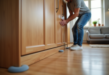 Homme et femme déplaçant un grand meuble en bois dans un salon lumineux