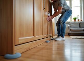 Déplacer meubles lourds sans se blesser ni abîmer vos sols : conseils pratiques Homme et femme déplaçant un grand meuble en bois dans un salon lumineux