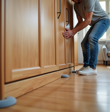 Déplacer meubles lourds sans se blesser ni abîmer vos sols : conseils pratiques Homme et femme déplaçant un grand meuble en bois dans un salon lumineux