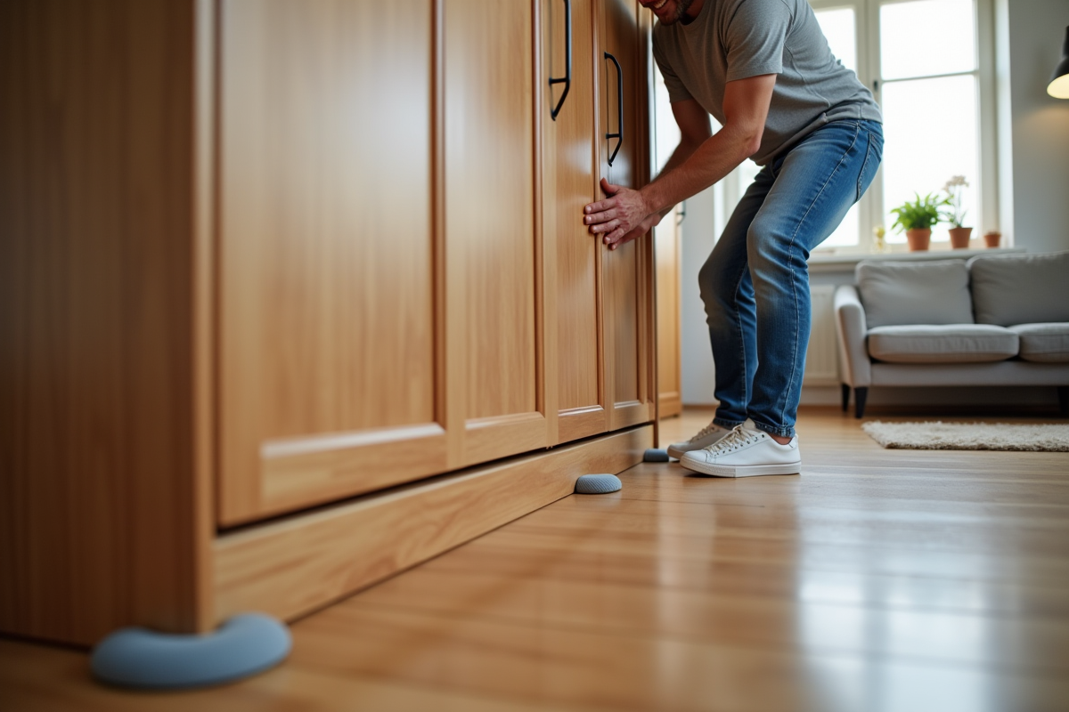 Homme et femme déplaçant un grand meuble en bois dans un salon lumineux