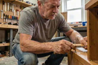 Homme utilisant un élastique et un tournevis pour dévisser une vis foirée sur un meuble en bois dans un atelier
