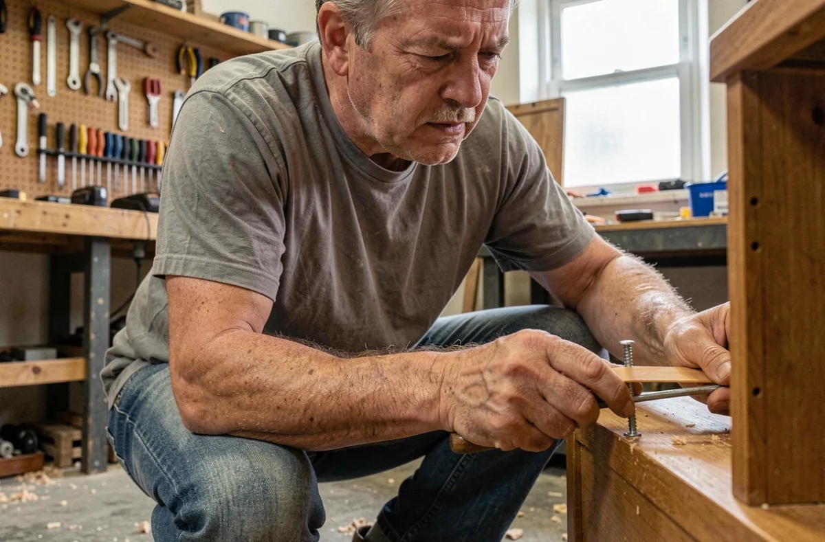 Homme utilisant un élastique et un tournevis pour dévisser une vis foirée sur un meuble en bois dans un atelier