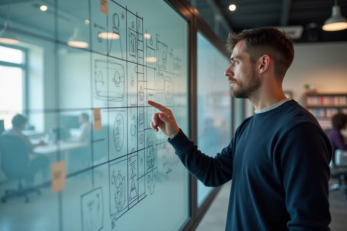 Directeur artistique pointant des erreurs de design graphique sur un tableau blanc en agence créative