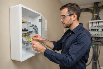 Électricien organisant des câbles fibre optique et RJ45 dans une goulotte technique GTL ouverte dans un appartement moderne