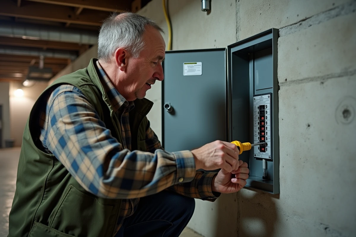 Électricien dévissant une vis de borne dans un tableau électrique de sous-sol