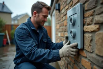 Électricien installant une prise électrique étanche IP65 sur un mur extérieur humide
