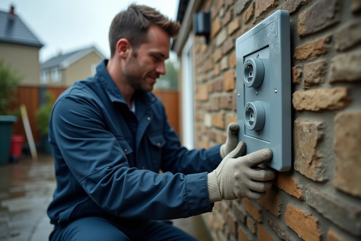 Électricien installant une prise électrique étanche IP65 sur un mur extérieur humide