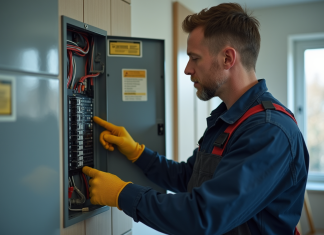 Électricien inspectant un tableau électrique résidentiel