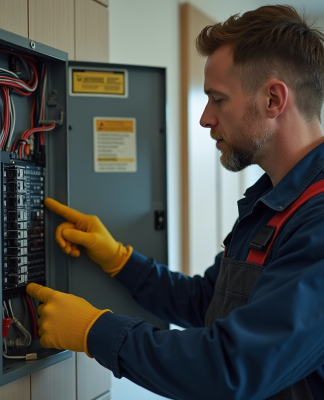 Électricien inspectant un tableau électrique résidentiel