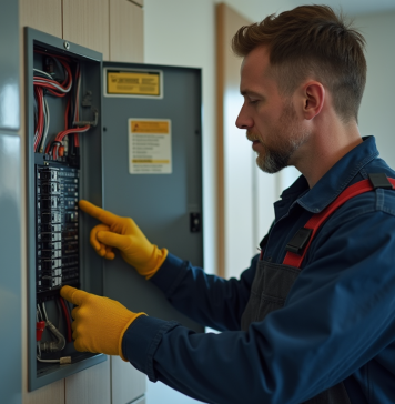 Électricien inspectant un tableau électrique résidentiel