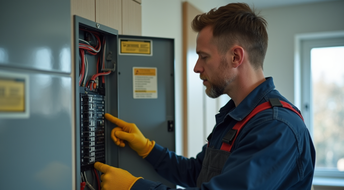 Électricien inspectant un tableau électrique résidentiel