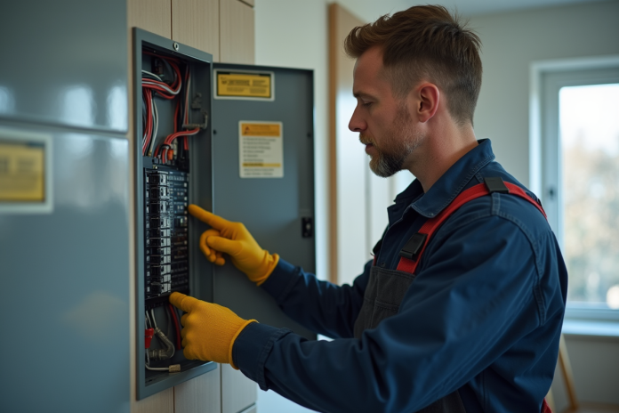 Électricien inspectant un tableau électrique résidentiel