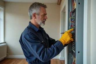 Électricien vérifiant un panneau électrique dans un appartement rénové