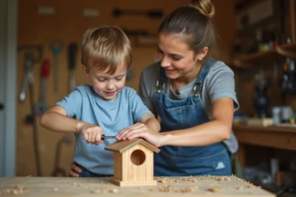 Enfant apprenant à dévisser avec un tournevis guidé par un adulte dans un atelier de bricolage