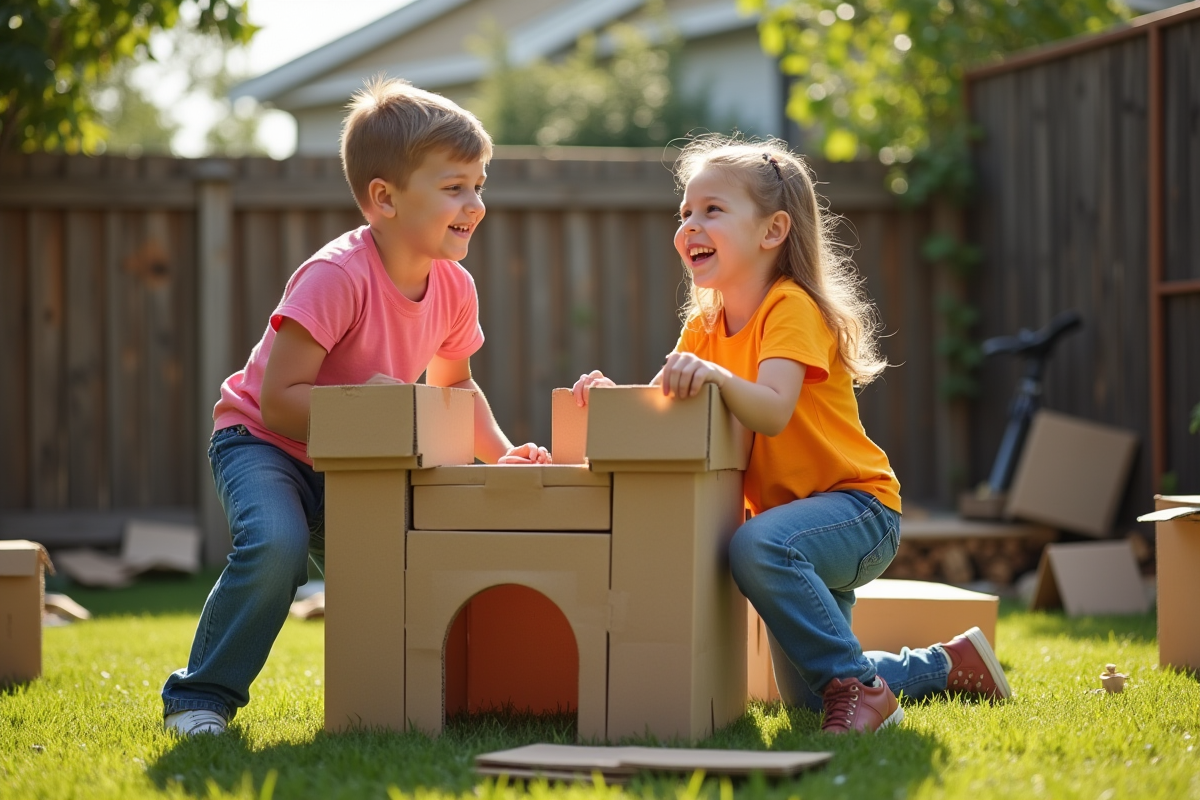 Deux enfants construisant un château en carton dans le jardin