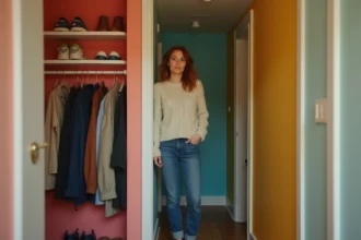 Femme dans une entrée d'appartement aux couleurs vives et espace réduit