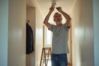 Homme remplaçant un détecteur de fumée au plafond dans un couloir d'appartement