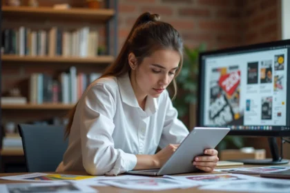 Designer graphique analysant des erreurs de composition pop design sur tablette dans un studio moderne