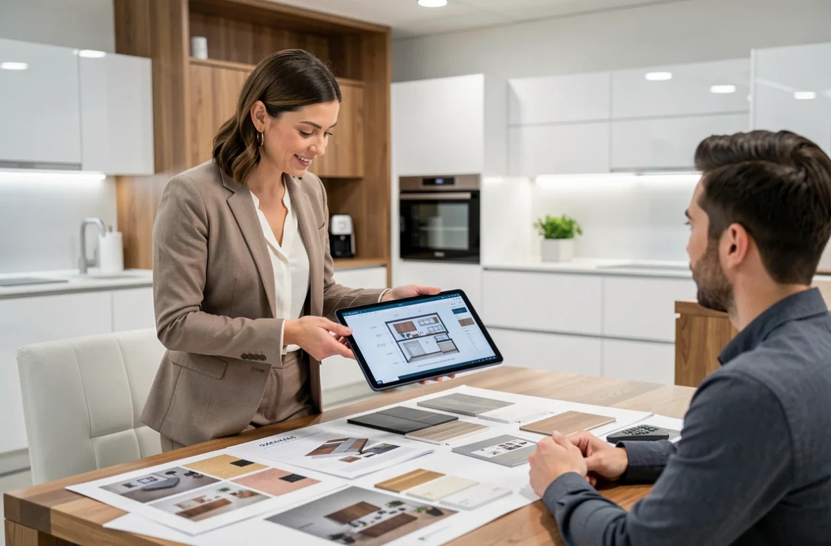 Conseillère des Établissements Labart Et Cie présentant un plan de cuisine sur tablette à un couple dans un showroom moderne