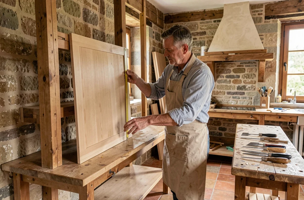 Artisan menuisier des Établissements Tutin ajustant un panneau de cuisine en bois dans une maison ancienne de l'Aisne