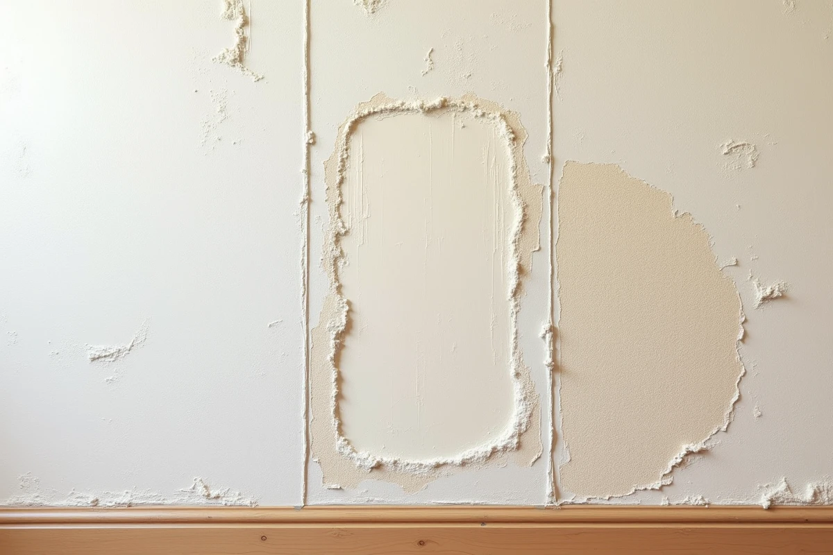 Gros plan sur trois étapes de réparation murale : fissure brute, enduit frais appliqué et surface lissée prête à peindre