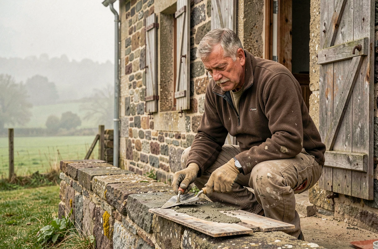 Maçon des Établissements Couture effectuant le rejointoiement de pierres sur une façade en granit en Bretagne