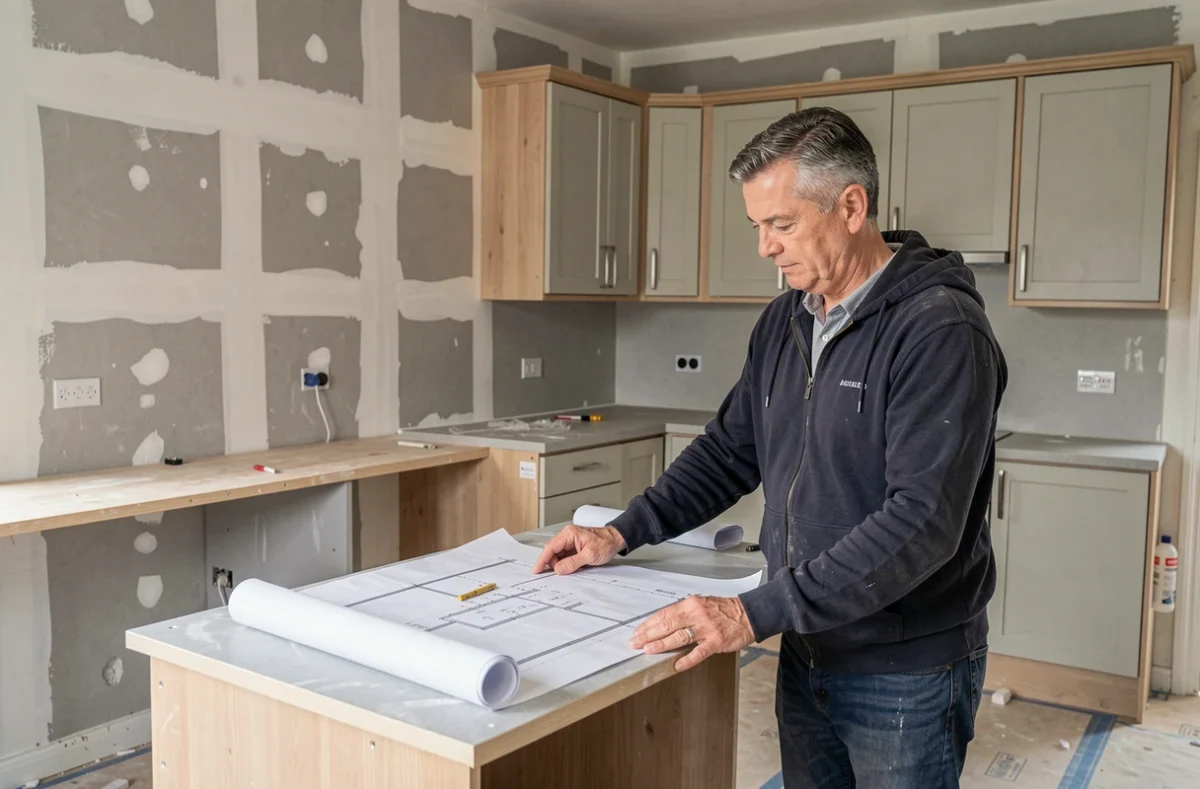 Entrepreneur de l'EURL Picard consultant des plans de rénovation de cuisine dans un chantier résidentiel de l'Aisne