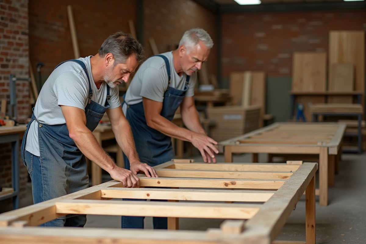 Artisans assemblant le cadre en bois d'un canapé sur mesure dans un atelier de fabrication de meubles