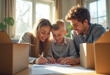 Famille souriante dans un salon lumineux en train de remplir des papiers