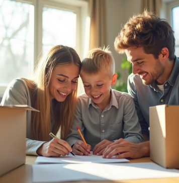 Famille souriante dans un salon lumineux en train de remplir des papiers