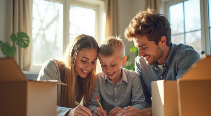 Famille souriante dans un salon lumineux en train de remplir des papiers