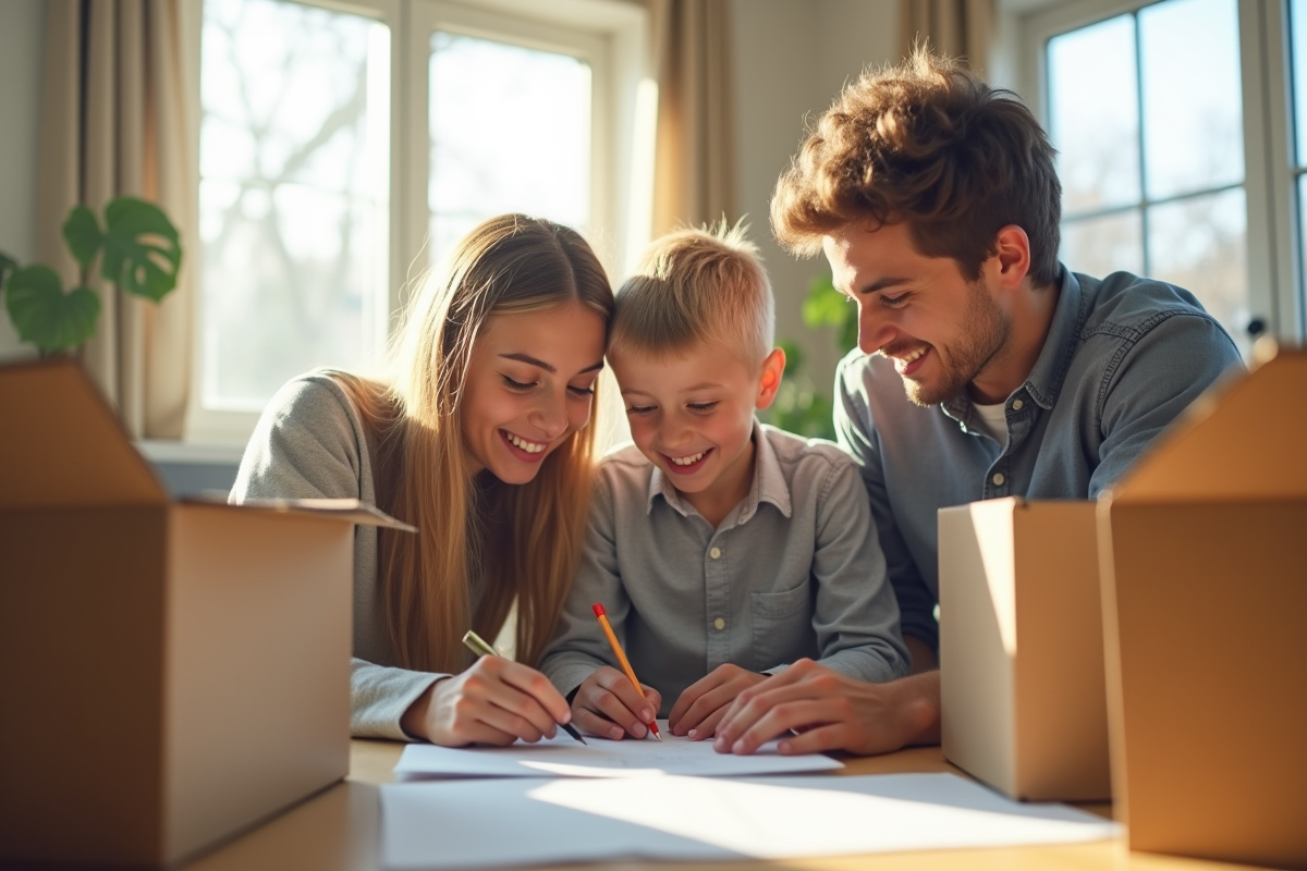 Famille souriante dans un salon lumineux en train de remplir des papiers