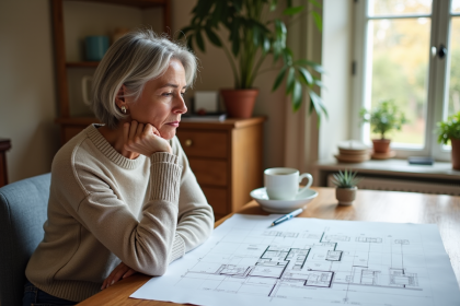 Femme examinant des plans architecturaux dans une maison