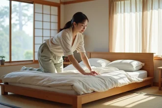 Femme en linen arrange un futon traditionnel dans une chambre japonaise