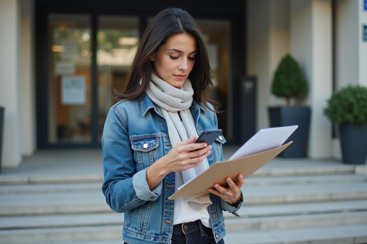 Jeune femme artisan devant un bâtiment administratif moderne