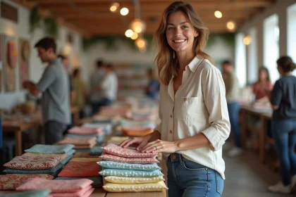 Femme souriante arrangeant des pochettes artisanales colorées