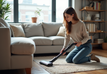 Les aspirateurs traîneaux les plus performants du marché Femme utilisant un aspirateur moderne dans un salon contemporain