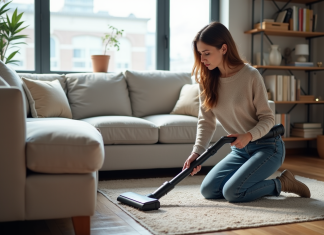 Les aspirateurs traîneaux les plus performants du marché Femme utilisant un aspirateur moderne dans un salon contemporain