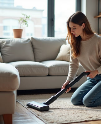 Femme utilisant un aspirateur moderne dans un salon contemporain