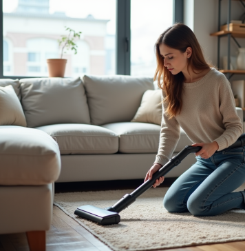 Les aspirateurs traîneaux les plus performants du marché Femme utilisant un aspirateur moderne dans un salon contemporain