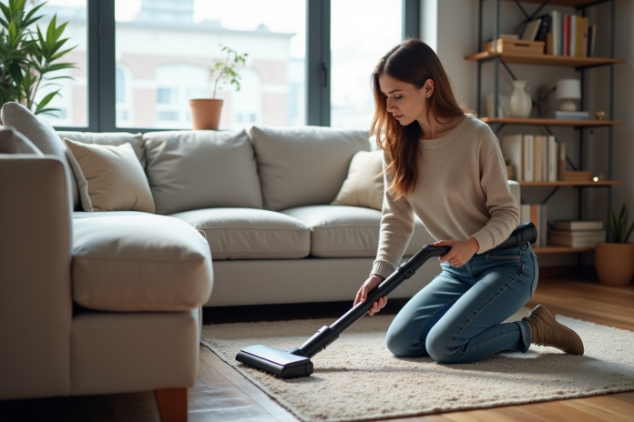 femme-aspirateur-salon Femme utilisant un aspirateur moderne dans un salon contemporain