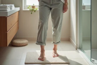 Femme souriante sur un tapis de bain en diatomite dans une salle de bain moderne