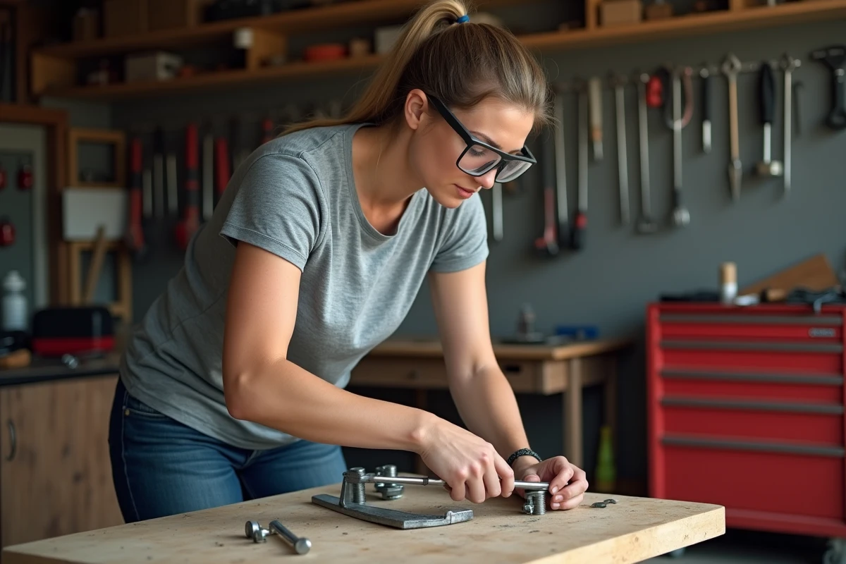 Femme en atelier de bricolage dévissant un boulon métallique avec un tournevis plat