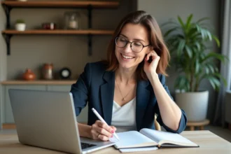 Femme d'affaires vérifiant un budget de rénovation dans un bureau moderne