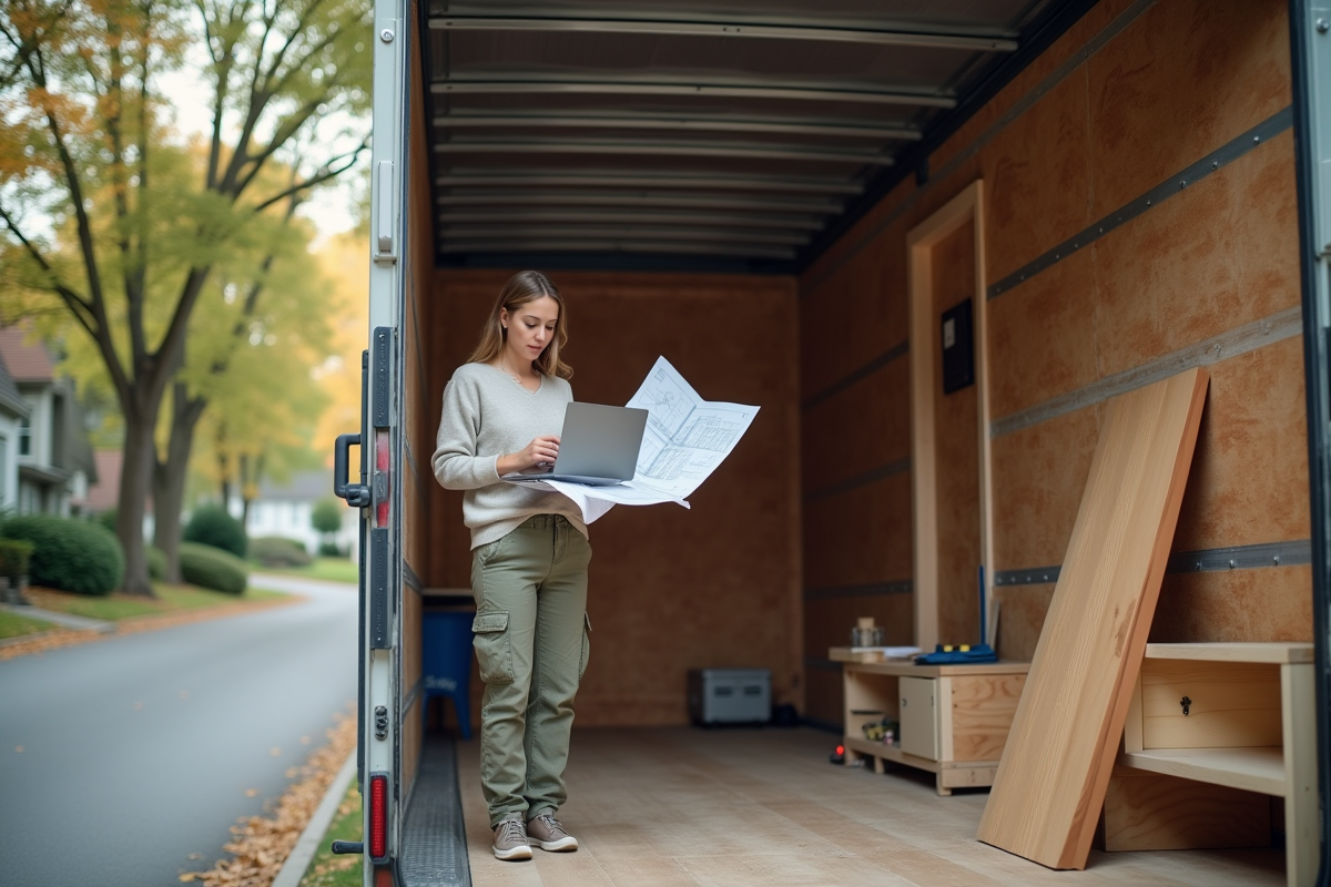 Femme vérifiant des plans dans un camion aménagé
